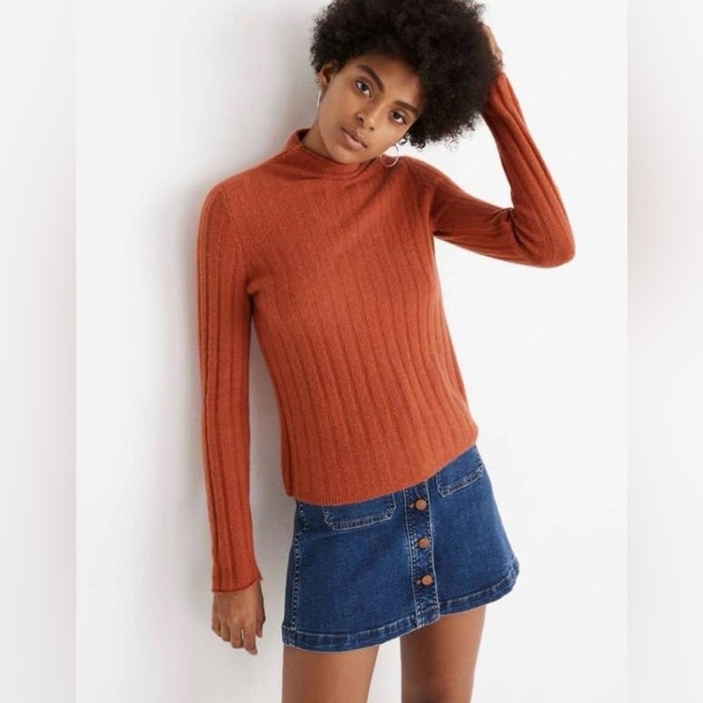 Madewell Ribbed Mock Neck Soft Roll Neck Sweater Burnt Orange Small Cozy Autumn